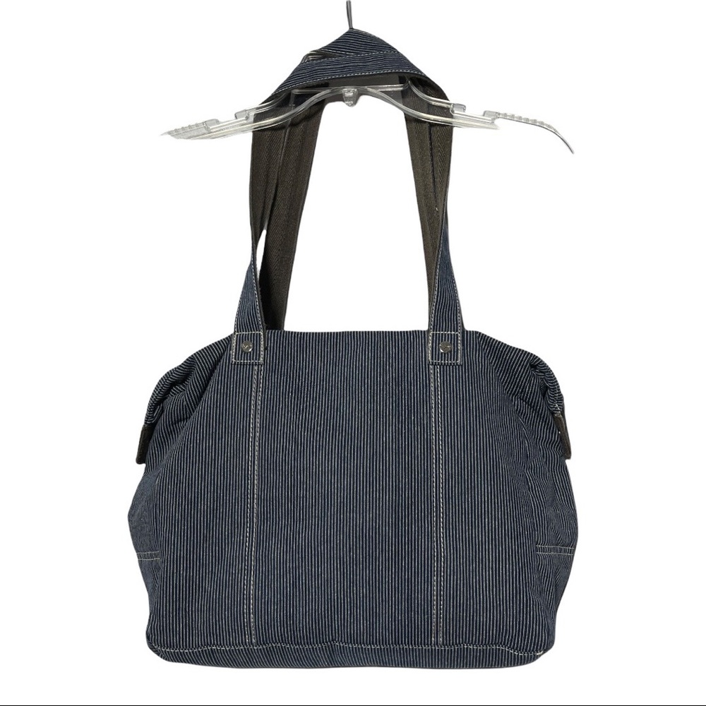 Thirty-One Handbag Tote Cargo Railroad Blue Pinstripe Denim Canvas Straps - Picture 3 of 6